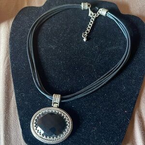 Vtg  90s Y2K Large Oval Pendant With Black Stone Rope Necklace